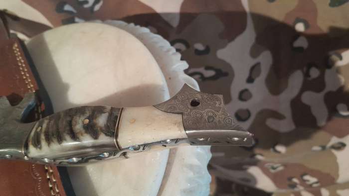 Damascus hunting bowie with bone and ramshorn handle
