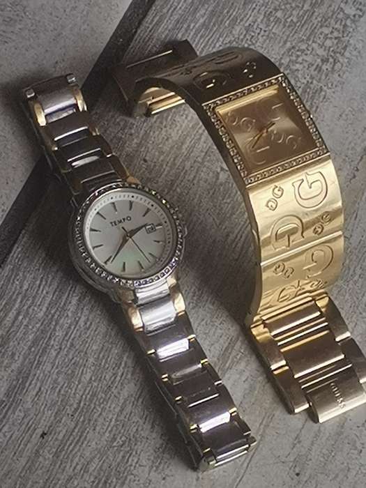 STUNNING AND ELEGANT LADIES GUESS AND TEMPO MOTHER OF PEARL WATCHES IN EXCELLENT WORKING CONDITION