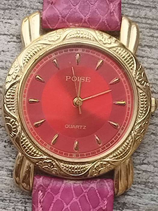 LADIES GOLD POISE WATCH WITH STUNNING PINK STRAP IN EXCELLENT WORKING CONDITION