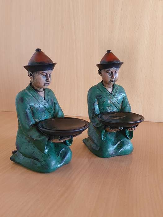 Set of 2 Small Chinese Male Figurine Candle Holders