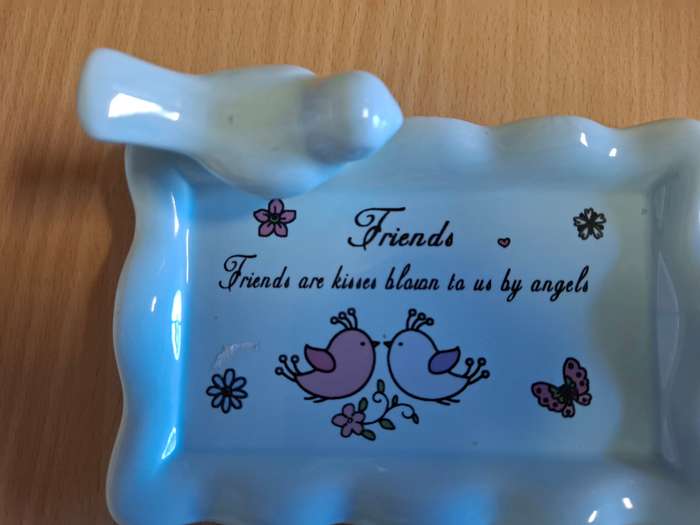 Blue Ceramic Dish with Bird - `Friends are kisses blown to us by angels`