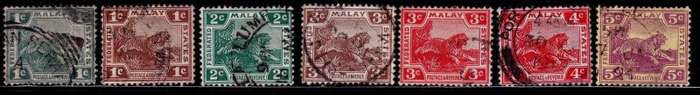 Malaysia, Scott #38,42,44,58,1906/32,FU,$CV3.25