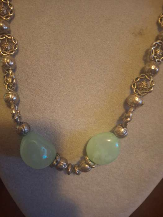 Long sliver tone costume necklace with semi precious stones