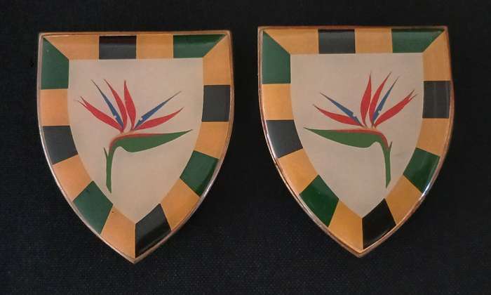 SADF 6 SA INFANTRY YELLOW TYPE SHOULDER FLASH PAIR 1ST ISSUE  ( ONE PIN MISSING )          L117