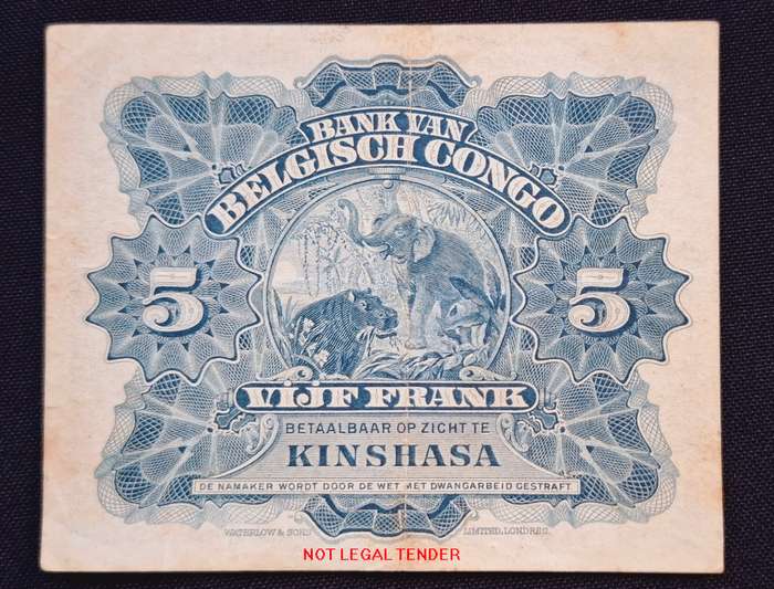 Belgian Congo 5 Francs  1919 Note   EF+              N10