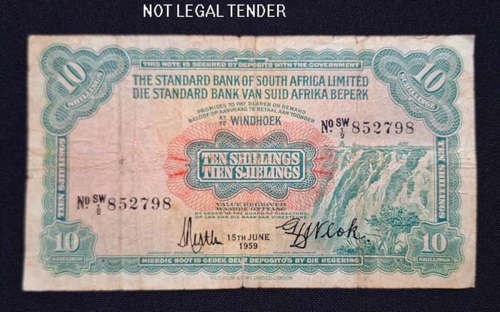 South West Africa(Windhoek) Standard Bank 10 Shillings 15TH JUNE 1959     NN1