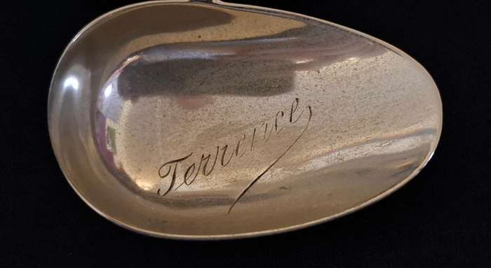 Antique Child Feeding Spoon  ( EPNS )   Inscription TERRENCE      ***  STUNNING  ***         E16