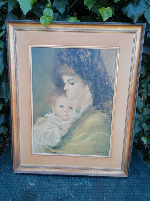 A.Fenti Pini Print signed Portrait Of Mother & Child thick textured