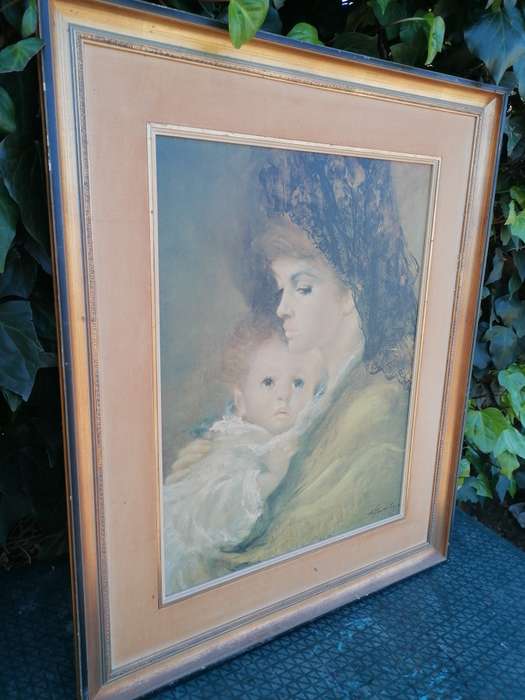 A.Fenti Pini Print signed Portrait Of Mother & Child thick textured