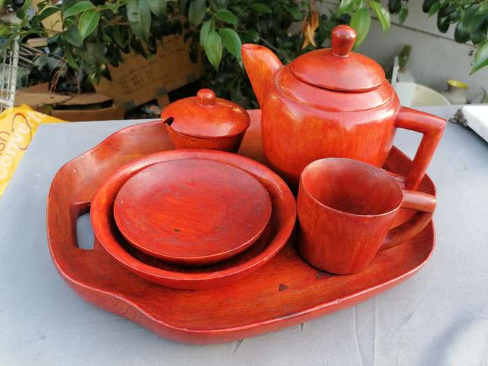 Vintage wood kettle, tray set