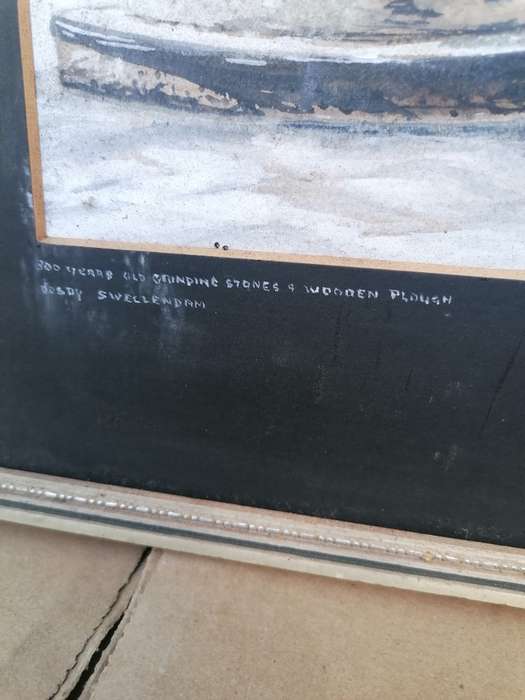Painting of 300 year old grinding stone & wooden plough swellendam by thary denman