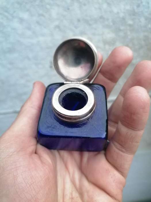 Antique COBALT BLUE GLASS INKWELL writing box ink well