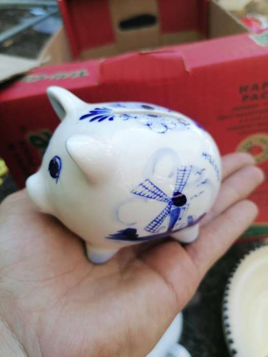 Vintage Hand Painted Piggy Bank Delft Blue White Windmill Czechoslovakia Small