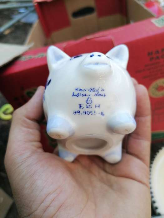 Vintage Hand Painted Piggy Bank Delft Blue White Windmill Czechoslovakia Small