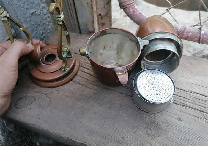 COFFEE POT WITH RECHAUD, copper and brass, marked, early 20th century.