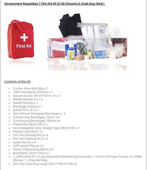 First Aid Kit: Government Regulation 7 (5-50 Persons) in a Red Grab Bag  (35cm*25m*15cm)