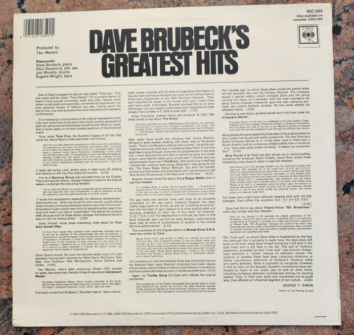 DAVE BRUBECK Greatest Hits (Very Good+/Very Good+) CBS NIC 005 SA Pressing