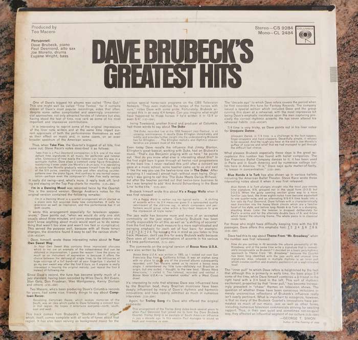 DAVE BRUBECK Greatest Hits (G/VG) Columbia CS 9284 USA Pressing