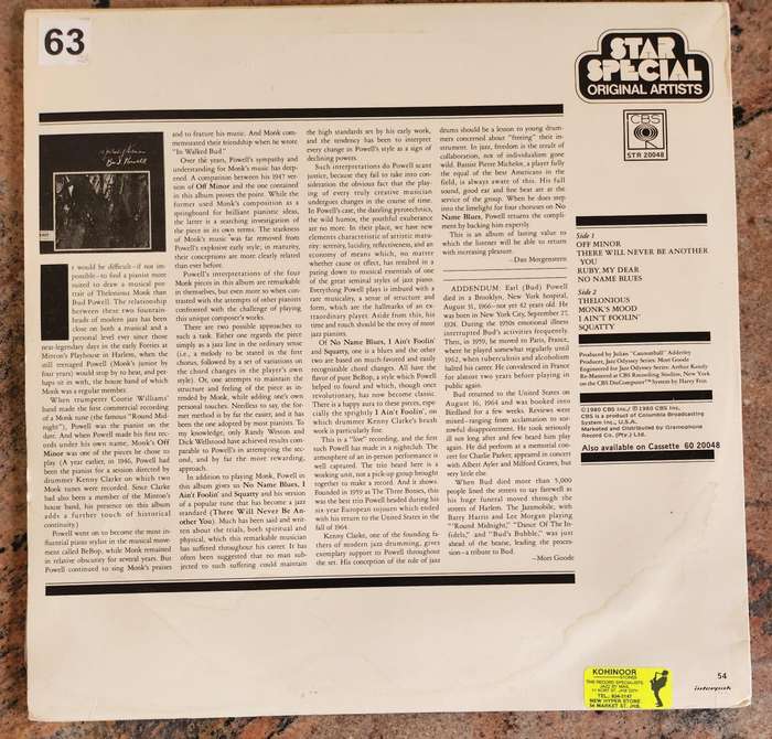 BUD POWELL  A Portrait of Thelonious with Kenny Clarke, Pierre Michelot (VG/VG) CBS STR 20048 SA
