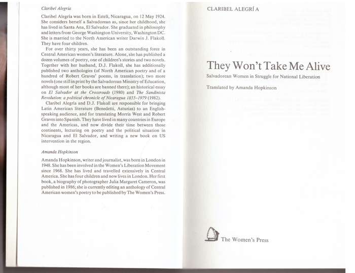 They Won't Take Me Alive: Salvadorean Women in Struggle for National Liberation - Claribel Alegría