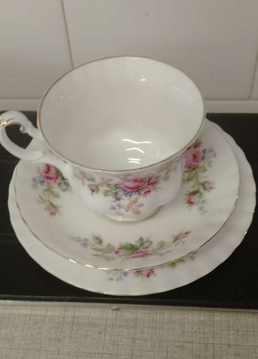 A vintage Royal Albert Moss Rose trio. Cup and saucer