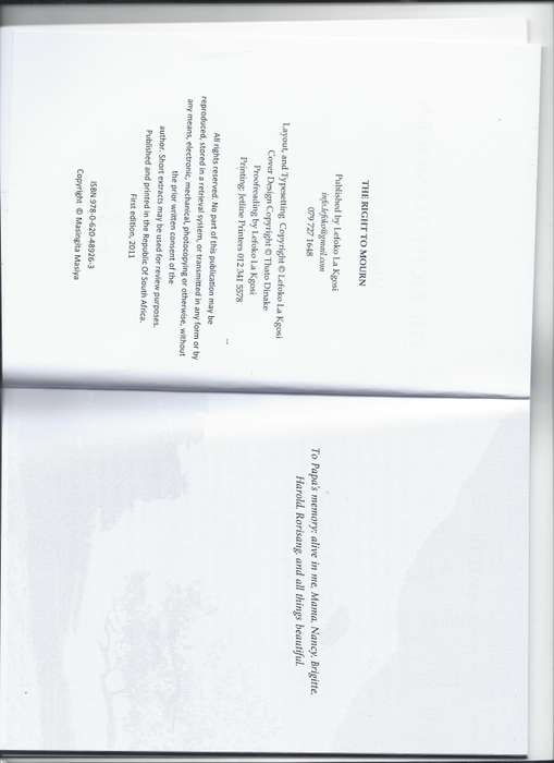 The Right to Mourn. Author, Masingita Masiya. Publisher, Lefoko La Kgosi, 2011 1st edition Poetry