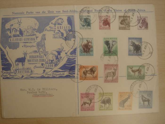 1954 RSA - FDC with complete set of Wild Animals stamped in Johannesburg 14.10.1954