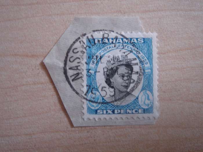 1959 Bahamas QE II 6d used, stamped in Nassau