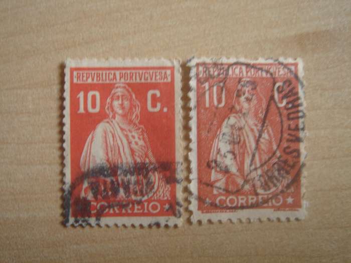 1912 Portugal - Ceres 2 x 10 C used, stamped (different color tones)