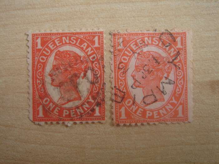 1895 Queensland 2 x 1d different color tones, used, stamped