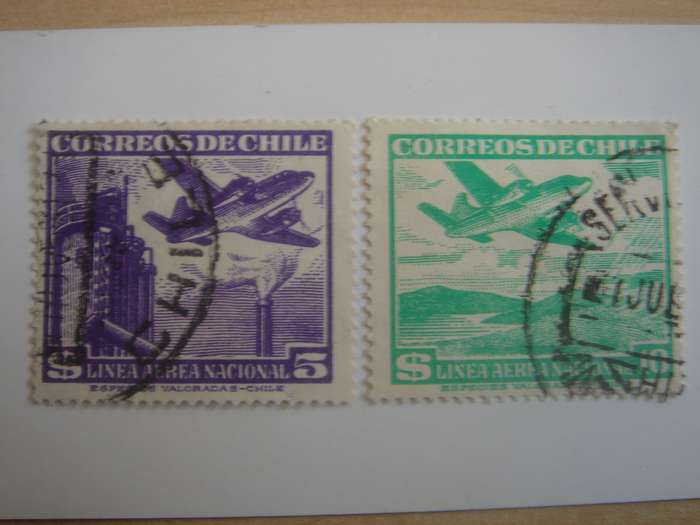 1942 Chile - Aeroplanes SG403,404h - $5, $10 used, stamped