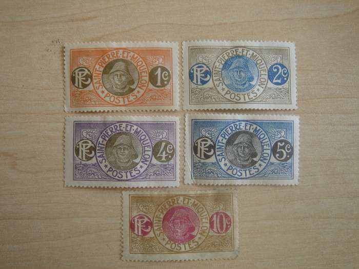 1909 St. Pierre et Miquelon - Fisherman SG79-81,109,111 used, stamped