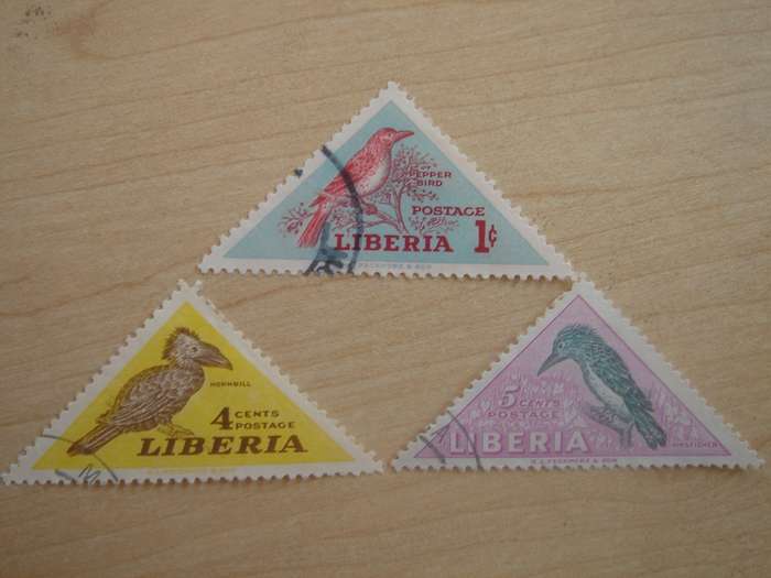 1953 Liberia - Birds triangular SG520,522-523 stamped