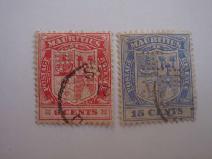 1910 Mauritius - Coat of Arms - SG186,189 used, stamped with perfins 'MBC M'