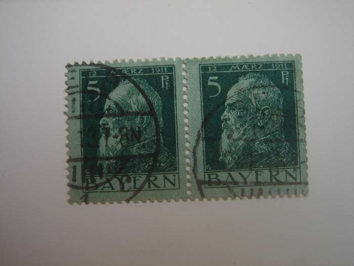 1911 Bayern - Prinzregent Luitpold MiNr 77 Type II - horizontal pair used, stamped