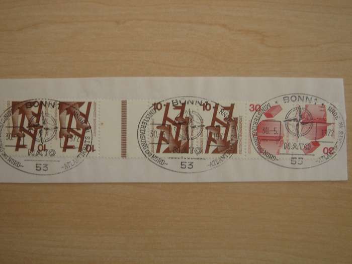 1972 BRD MiNr 695 A (4) + 698 A (2) horizontal strip of pairs stamped