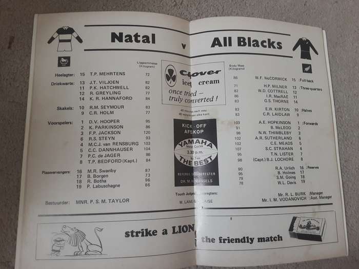 Natal v All Blacks Kings Park Stadium Durban Sat 22 August 1970 Programme