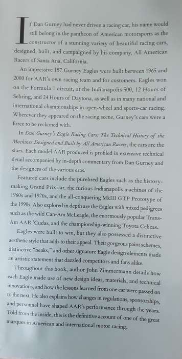 Dan Gurney's Eagle Racing Cars by Hohn Zimmermann foreward by Dan Gurney