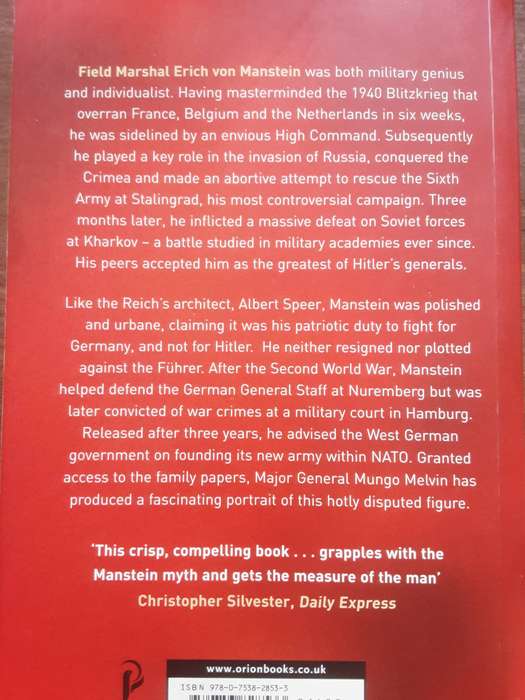 Manstein Hitler's Greatest General by Mungo Melvin
