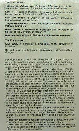 The Positive Dispute in German Sociology -- Adomo, Albert, Dahrendorf, Habermas, Popper, Pilot
