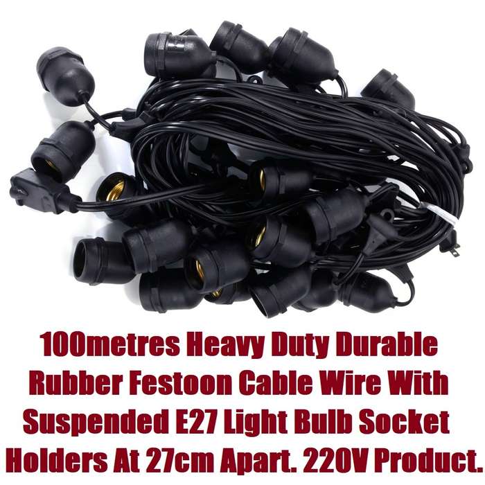 100m 220V Heavy Duty Durable Festoon Cable Wire. E27 Suspended Bulb Holders. Takes Approx 310 Bulbs.