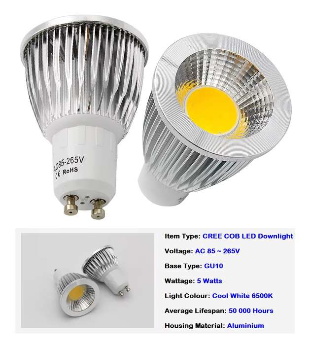 Dimmable CREE COB LED 5W GU10 Downlights AC85~265V Wide Beam Angle, Very Bright. Collections Allowed