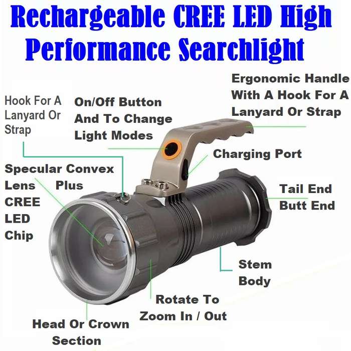 Rechargeable CREE LED High Performance Searchlight Emergency Torch. Collections Are Allowed.