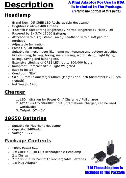 CREE Q5 LED High Performance Rechargeable Headlight Headlamp. Top Range Product. Collections Allowed