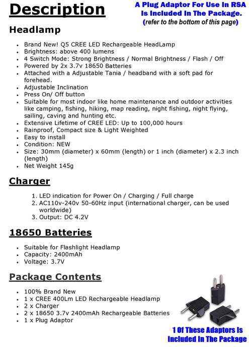 CREE Q5 LED High Performance Rechargeable Headlight Headlamp. Top Range Product. Collections Allowed