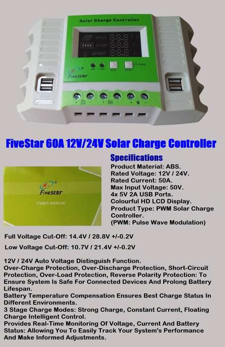 FiveStar 50A 12V / 24V PWM Solar Charge Controller / Regulator With 4 USB Ports. Collections Allowed