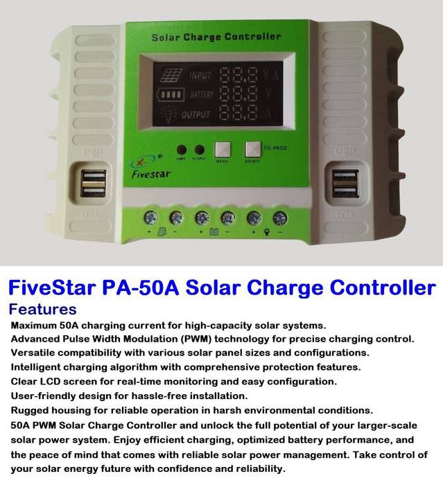 FiveStar 50A 12V / 24V PWM Solar Charge Controller / Regulator With 4 USB Ports. Collections Allowed