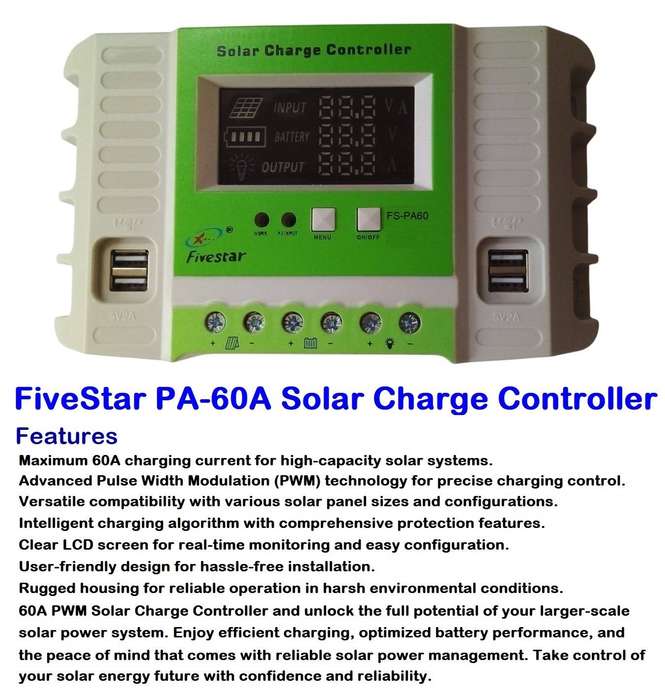 FiveStar 60A 12V / 24V PWM Solar Charge Controller / Regulator With 4 USB Ports. Collections Allowed