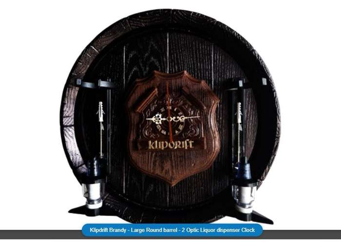 Klipdrift 'Klippies' Brandy Barrel End Liquor Dispensers, 2 Optic Sets & Clock. Collections Allowed.