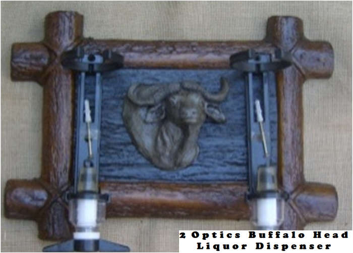 Liquor Dispensers: Buffalo Head with 2 Sets of Optics and Brackets. Brand New. Collections Allowed.